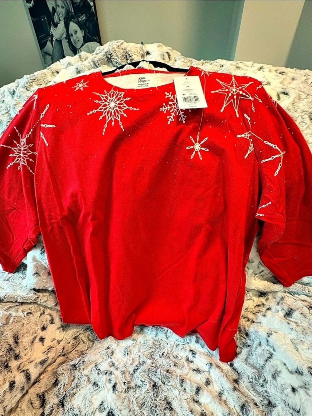 NWT Kim Rogers 2X Red Christmas Snowflake Top 3/4 Sleeve Glitter Holiday Shirt